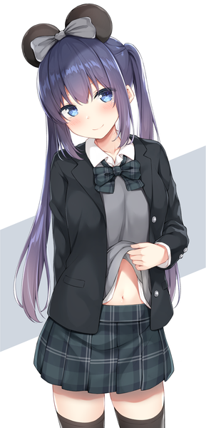 Anime picture 1709x3541 with original rakugaki-chan karutamo single long hair tall image looking at viewer blush fringe highres simple background smile hair between eyes standing white background twintails holding animal ears payot purple hair