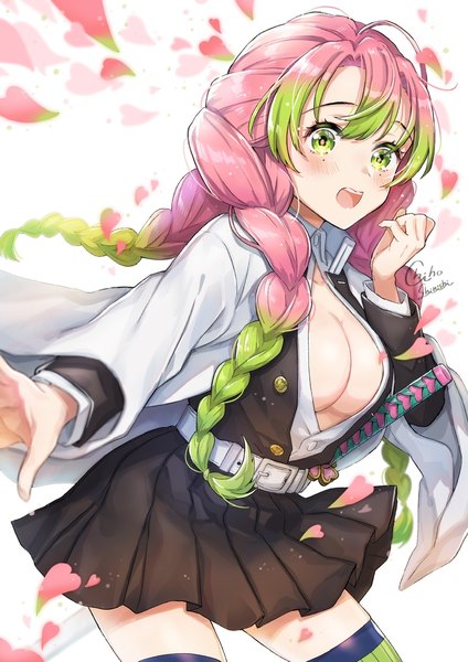 Anime picture 905x1280 with kimetsu no yaiba ufotable kanroji mitsuri piroshiki123 single long hair tall image blush breasts open mouth light erotic large breasts green eyes pink hair braid (braids) traditional clothes :d japanese clothes multicolored hair green hair