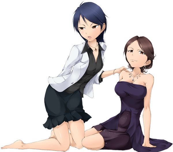 Anime picture 1833x1616 with solru (tyappygain) looking at viewer highres short hair black hair brown hair multiple girls brown eyes barefoot legs transparent background girl dress 2 girls earrings