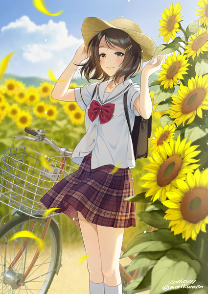 Anime picture 1003x1416 with original morikura en single tall image looking at viewer blush fringe short hair smile brown hair standing holding brown eyes signed payot sky cloud (clouds) outdoors pleated skirt wind
