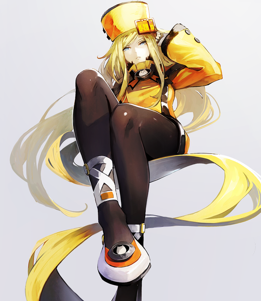 Anime picture 866x1000 with guilty gear guilty gear xrd millia rage banpai akira single tall image looking at viewer fringe blue eyes simple background blonde hair sitting very long hair grey background from below adjusting hair leg lift (legs lift) lacing shiny shiny clothes
