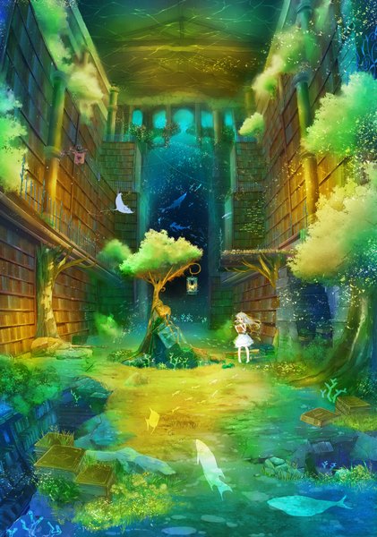 Anime picture 1300x1854 with original inz (pixiv) single long hair tall image fringe holding white hair barefoot bare legs pale skin weightlessness reading girl dress flower (flowers) plant (plants) tree (trees) water book (books)