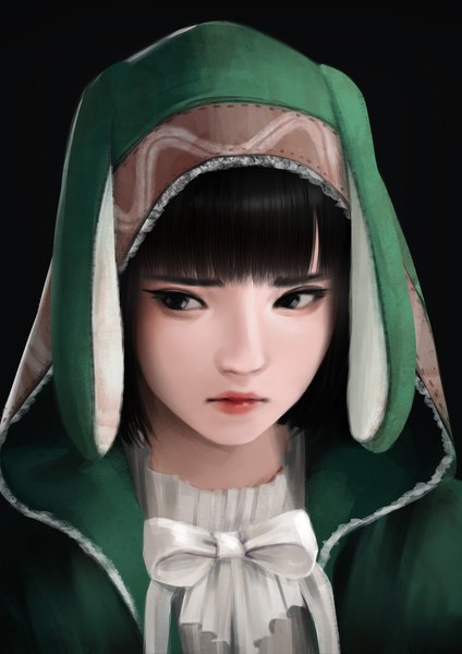 Anime picture 1920x2716 with dead by daylight feng min jubi (regiana) single tall image fringe highres short hair black hair looking away black eyes lipstick black background portrait red lipstick animal hood girl hood