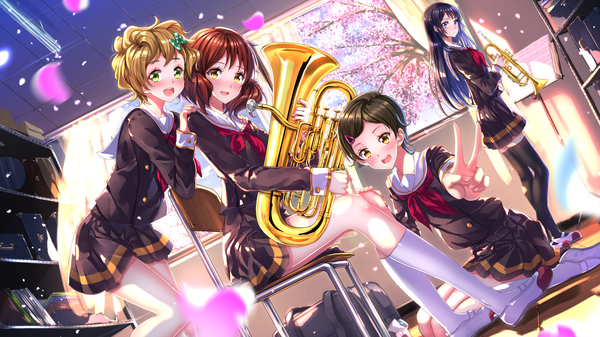 Anime picture 1920x1080 with hibike! euphonium kyoto animation kousaka reina oumae kumiko katou hazuki kawashima sapphire tuba-kun swordsouls long hair looking at viewer blush fringe highres short hair open mouth black hair blonde hair brown hair wide image standing