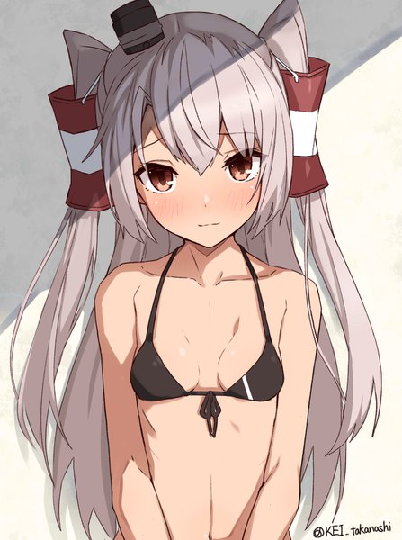 Anime picture 1200x1609 with kantai collection amatsukaze destroyer takanashi kei (hitsujikan) single long hair tall image looking at viewer blush fringe light erotic simple background hair between eyes standing white background brown eyes signed payot silver hair upper body head tilt