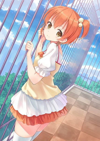 Anime picture 800x1122 with love live! school idol project sunrise (studio) love live! hoshizora rin hyuuga azuri single tall image looking at viewer blush short hair standing holding brown eyes sky cloud (clouds) profile light smile orange hair one side up girl