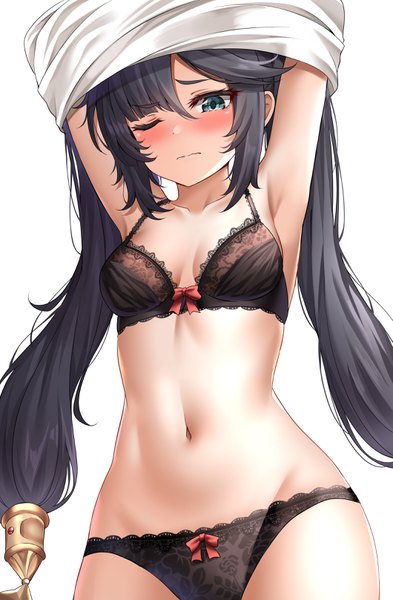 Anime picture 2117x3235 with genshin impact mona megistus nyung single long hair tall image looking at viewer blush fringe highres breasts light erotic black hair simple background hair between eyes standing white background twintails payot one eye closed