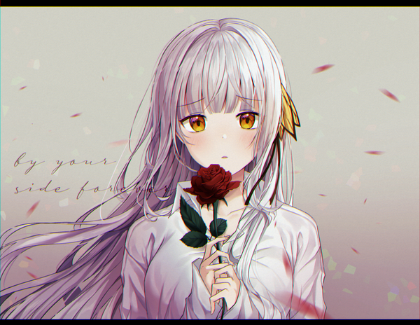 Anime picture 2576x1995 with original seno (senohime) single long hair looking at viewer blush fringe highres simple background holding yellow eyes silver hair upper body long sleeves parted lips grey background text sleeves past wrists english girl