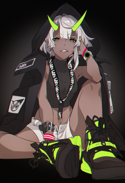 Anime picture 1000x1454 with original nike westxost (68monkey) single tall image looking at viewer fringe short hair simple background sitting green eyes silver hair horn (horns) pointy ears midriff dark skin clothes on shoulders fashion girl shoes