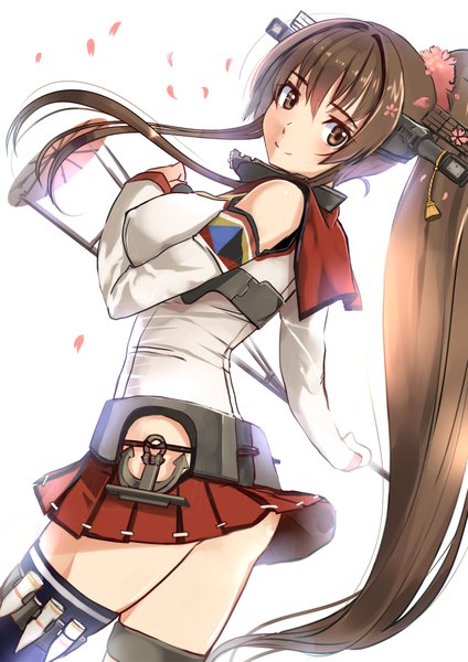 Anime picture 1500x2121 with kantai collection yamato super battleship akasaai single long hair tall image looking at viewer breasts light erotic simple background smile brown hair large breasts white background brown eyes ponytail turning head girl thighhighs skirt