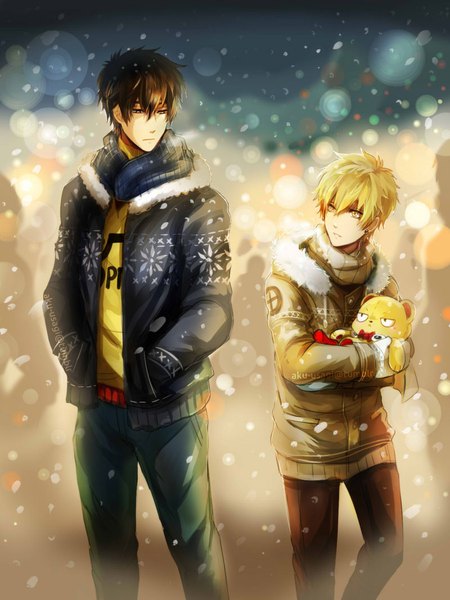 Anime-Bild 800x1067 mit one-punch man madhouse saitama (one-punch man) genos evil-usagi tall image short hair black hair blonde hair brown eyes yellow eyes outdoors looking back open jacket multiple boys fur trim snowing snow exhalation walking