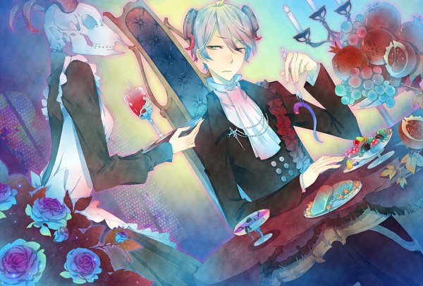 Anime picture 1000x677 with original kuroyuki short hair blonde hair sitting yellow eyes horn (horns) maid girl boy food apron fruit berry (berries) skull candle (candles) wine glass blue rose fork grapes