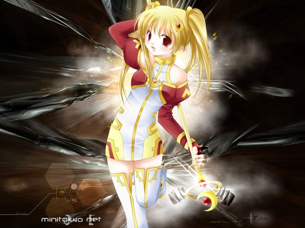 Anime picture 1600x1200 with minitokyo mt-maigetsu maplerose single long hair looking at viewer blush open mouth blonde hair red eyes standing twintails :d arm up pointy ears standing on one leg arm behind head third-party edit reversed girl