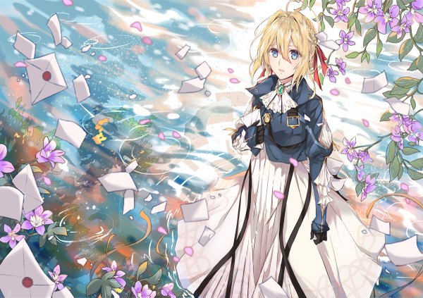 Anime picture 1200x847 with violet evergarden kyoto animation violet evergarden (character) sevens (treefeather) single looking at viewer fringe short hair open mouth blue eyes blonde hair hair between eyes standing holding ahoge outdoors braid (braids) from above reflection side braid