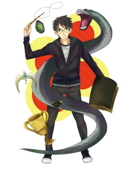 Anime picture 1024x1365 with harry potter harry potter (character) staypee (artist) single tall image looking at viewer short hair black hair simple background standing white background green eyes grin scar boy glasses jacket pendant book (books) cape