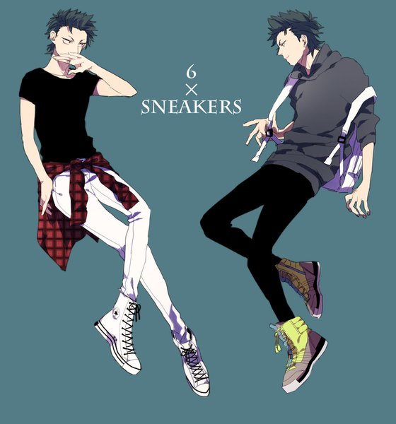 Anime picture 1400x1500 with daiya no ace production i.g converse kuramochi youichi syubare tall image short hair simple background full body profile crossed legs multiview covered mouth casual dark hair aqua background clothes around waist boy shoes hood
