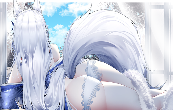 Anime picture 5835x3709 with azur lane shinano (azur lane) samip single long hair highres light erotic animal ears absurdres sky silver hair cloud (clouds) ass indoors tail lying traditional clothes japanese clothes animal tail from behind