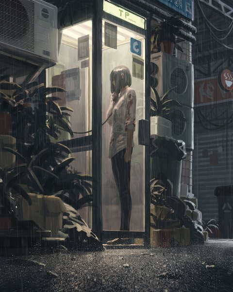 Anime-Bild 3277x4096 mit original guweiz single tall image highres short hair black hair holding absurdres outdoors long sleeves rain bloody clothes girl plant (plants) shirt white shirt blood pants potted plant