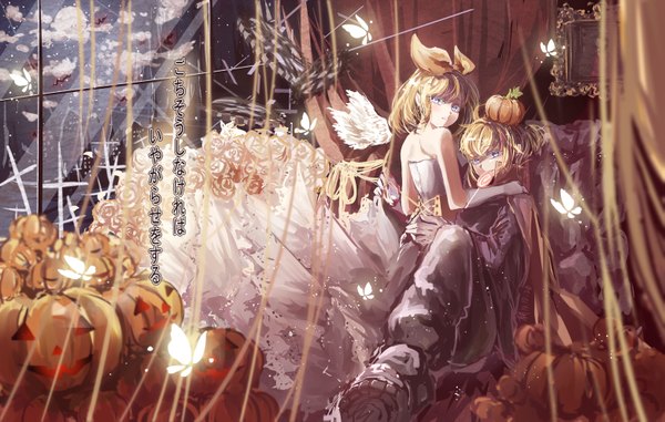 Anime picture 3118x1983 with vocaloid kagamine rin kagamine len kkkkona looking at viewer blush fringe highres short hair blue eyes blonde hair sitting bare shoulders holding bent knee (knees) looking back alternate costume hug mouth hold back