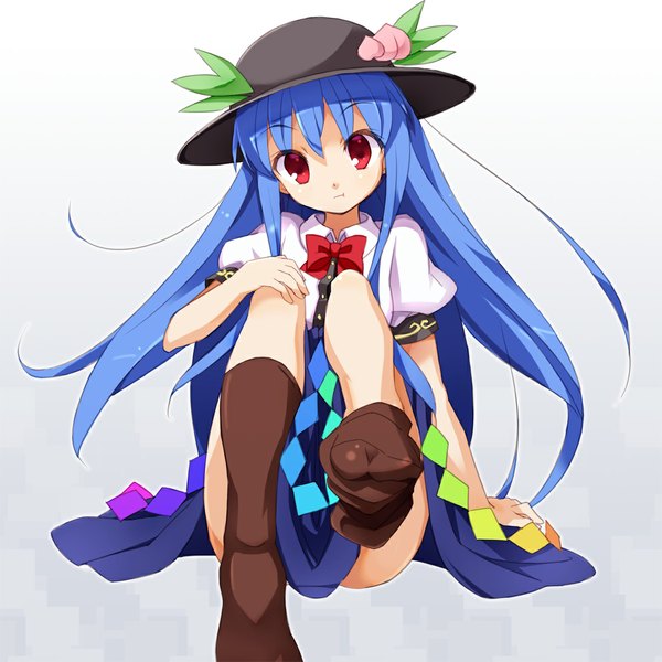 Anime picture 1100x1100 with touhou hinanawi tenshi ozaki (ko-zaki) single long hair looking at viewer simple background red eyes white background blue hair legs girl dress hat socks