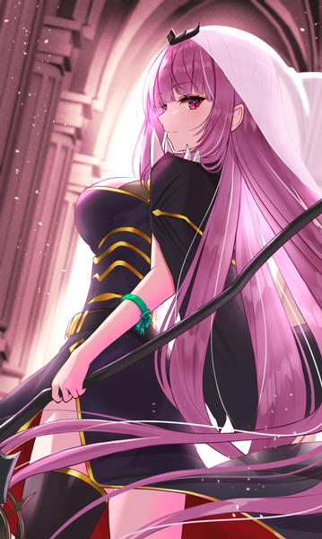 Anime picture 1150x1920 with virtual youtuber hololive hololive english mori calliope mori calliope (1st costume) inari (ambercrown) single tall image looking at viewer fringe standing pink hair indoors blunt bangs very long hair profile pink eyes wind dust girl