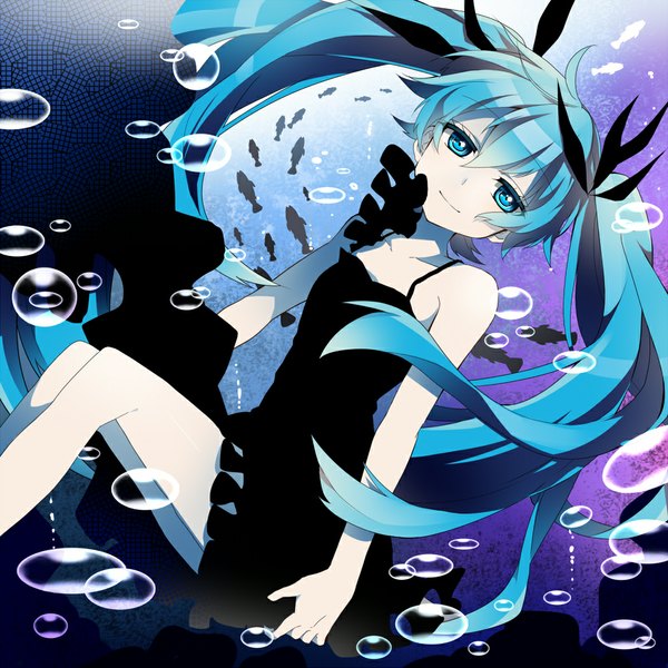 Anime picture 1000x1000 with vocaloid shinkai shoujo (vocaloid) hatsune miku sakura yuki (clochette) long hair looking at viewer blue eyes twintails blue hair girl dress bubble (bubbles)