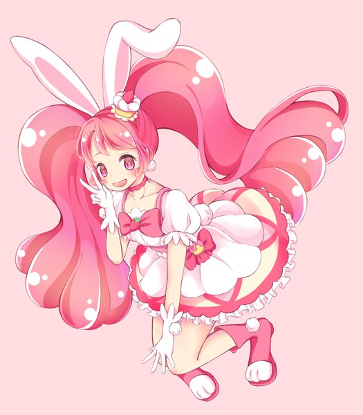 Anime picture 2893x3307 with precure kirakira precure a la mode toei animation usami ichika cure whip hoshina min single long hair tall image looking at viewer blush highres open mouth smile twintails animal ears pink hair full body bent knee (knees) tail