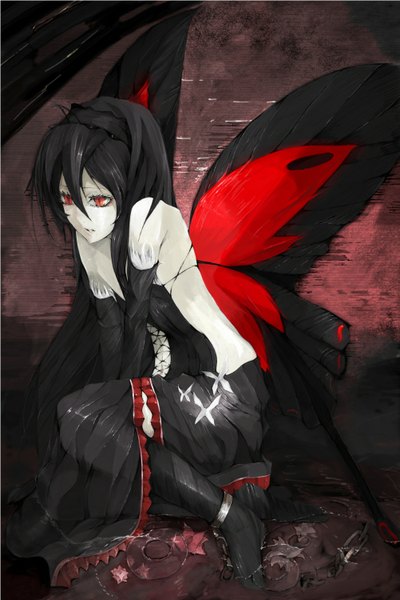 Anime picture 1001x1499 with accel world sunrise (studio) kuroyukihime single long hair tall image fringe black hair red eyes bare shoulders pale skin insect wings butterfly wings girl wings hairband chain shackles
