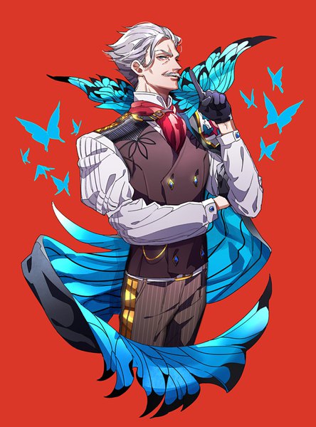 Anime picture 1300x1754 with fate (series) fate/grand order james moriarty (fate) tenobe single tall image looking at viewer short hair blue eyes simple background silver hair profile arm up red background old man boy gloves shirt black gloves white shirt
