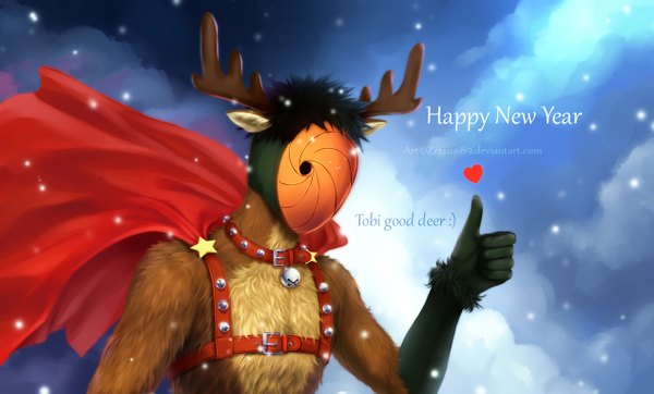 Anime picture 1268x766 with naruto studio pierrot naruto (series) uchiha obito tobi zetsuai89 single short hair black hair wide image sky cloud (clouds) horn (horns) realistic inscription snowing winter akatsuki happy new year boy