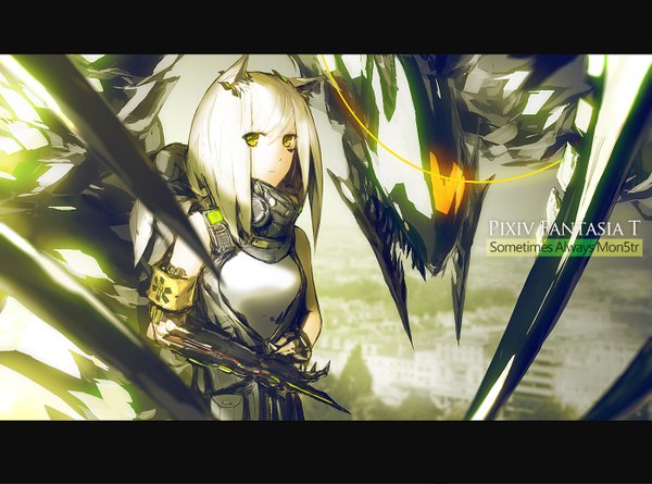 Anime picture 1400x1039 with original pixiv fantasia pixiv fantasia t lowlight kirilenko single long hair looking at viewer animal ears yellow eyes white hair inscription city facial mark letterboxed girl monster armband gorget