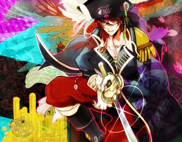 Anime picture 1050x820 with nico nico singer ask (singer) 841 (artist) single looking at viewer short hair red eyes red hair braid (braids) light smile open collar pirate boy gloves sword glasses star (symbol) pendant feather (feathers) crown