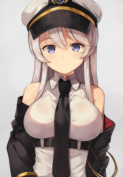 Anime picture 1500x2150 with azur lane enterprise (azur lane) motokonut single long hair tall image looking at viewer blush fringe breasts simple background hair between eyes large breasts standing purple eyes bare shoulders silver hair upper body grey background open jacket