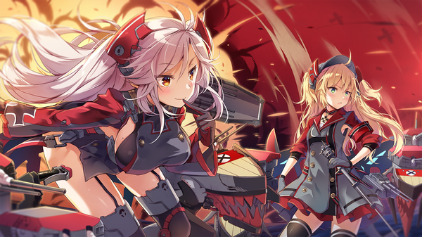 Anime picture 1500x844 with azur lane prinz eugen (azur lane) admiral hipper (azur lane) nyanya long hair blush fringe breasts open mouth light erotic blonde hair smile hair between eyes wide image large breasts multiple girls brown eyes green eyes yellow eyes payot