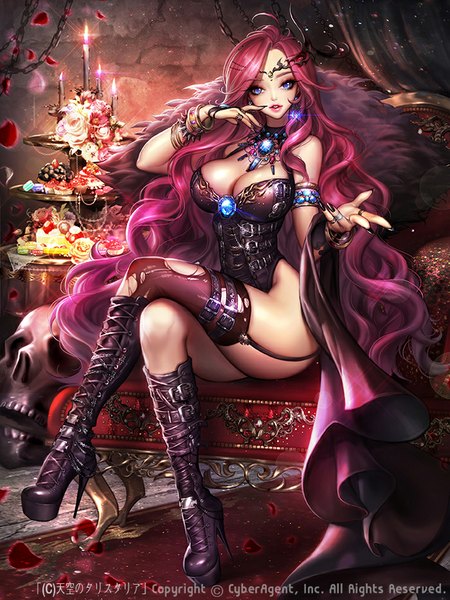 Anime picture 700x933 with tenka touitsu chronicle dadachyo single tall image breasts blue eyes light erotic large breasts sitting pink hair bent knee (knees) very long hair nail polish fingernails high heels crossed legs outstretched arm long fingernails lacing shiny