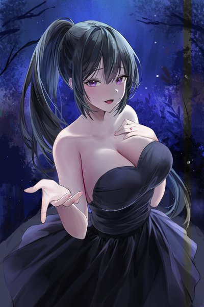 Anime-Bild 2731x4096 mit original lillly single long hair tall image looking at viewer blush fringe highres breasts open mouth light erotic black hair hair between eyes large breasts standing purple eyes bare shoulders payot cleavage