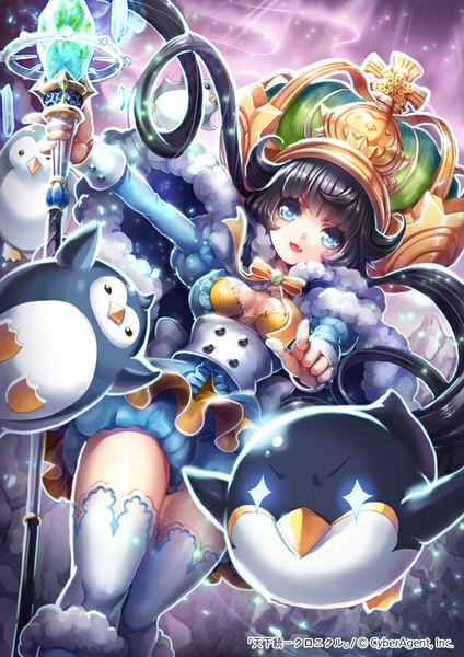 Anime picture 600x849 with original kempin single tall image looking at viewer open mouth blue eyes black hair very long hair girl thighhighs dress animal white thighhighs bird (birds) staff penguin