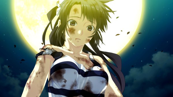Anime picture 1024x576 with suigetsu 2 long hair black hair wide image purple eyes game cg ponytail girl moon