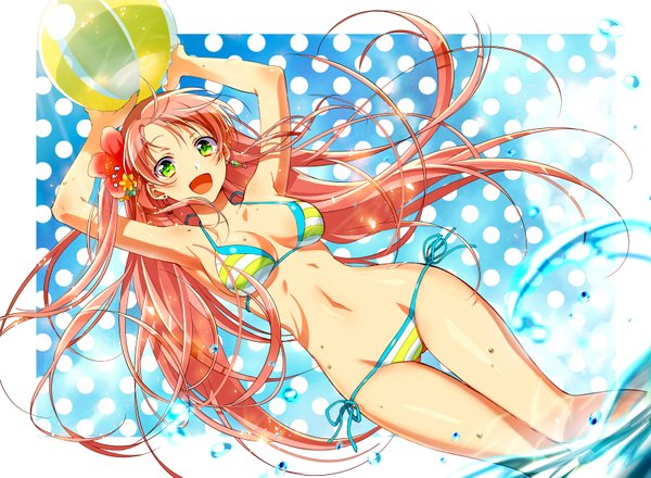 Anime picture 1636x1200 with original murakami yuichi single long hair looking at viewer blush fringe breasts open mouth light erotic smile standing bare shoulders green eyes pink hair hair flower arms up midriff partially submerged happy