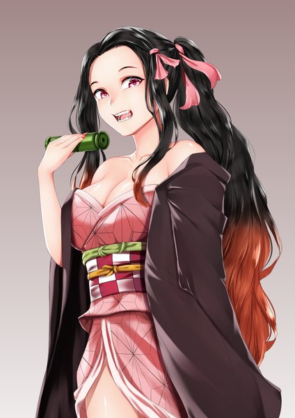 Anime picture 2893x4092 with kimetsu no yaiba ufotable kamado nezuko ryuzaki 71 single long hair tall image looking at viewer highres breasts open mouth light erotic black hair simple background large breasts standing bare shoulders holding payot cleavage