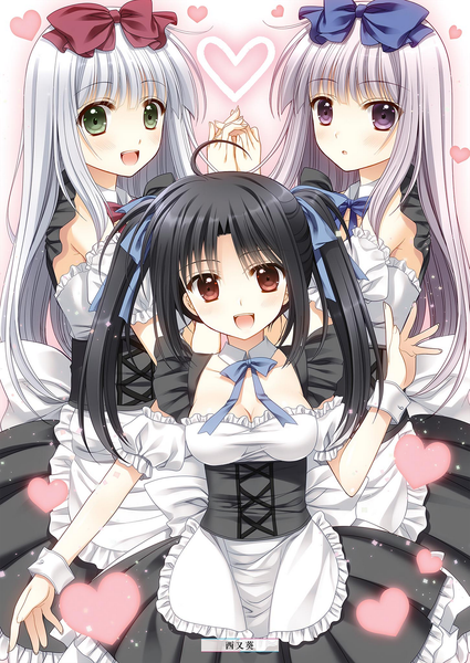 Anime picture 1451x2048 with alice or alice airi (alice or alice) rise (alice or alice) kisaki (alice or alice) nishimata aoi long hair tall image looking at viewer blush fringe open mouth black hair red eyes purple eyes twintails multiple girls green eyes silver hair ahoge scan
