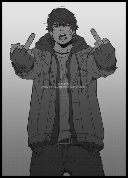 Anime picture 800x1116 with original danzzila single tall image looking at viewer short hair open mouth black hair simple background red eyes open clothes open jacket monochrome pointing bandaid on face middle finger boy gloves earrings black gloves
