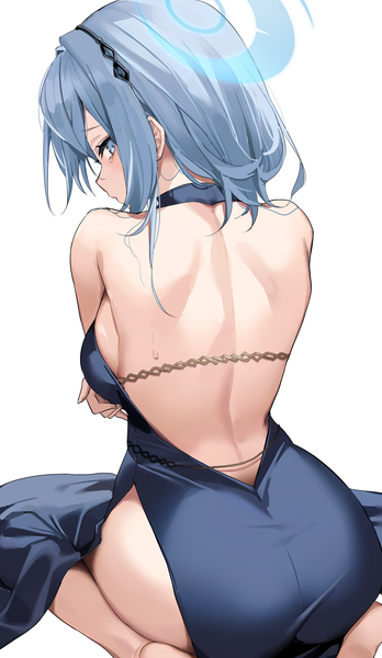 Anime picture 2825x4864 with blue archive ako (blue archive) ako (dress) (blue archive) kithera single long hair tall image looking at viewer highres blue eyes light erotic simple background white background sitting blue hair ass profile looking back from behind back