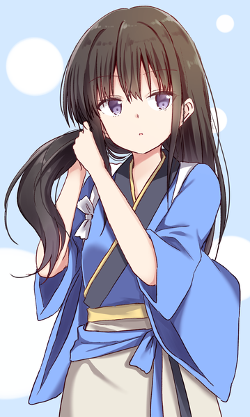 Anime picture 1061x1771 with lycoris recoil inoue takina akane souichi single long hair tall image looking at viewer fringe hair between eyes brown hair purple eyes upper body traditional clothes japanese clothes adjusting hair tying hair girl kimono