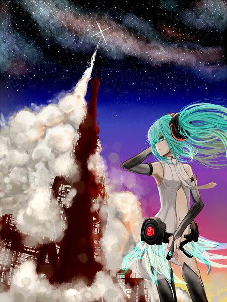 Anime picture 1200x1600 with vocaloid vocaloid append hatsune miku hatsune miku (append) azure luna single long hair tall image twintails aqua eyes aqua hair night girl navel