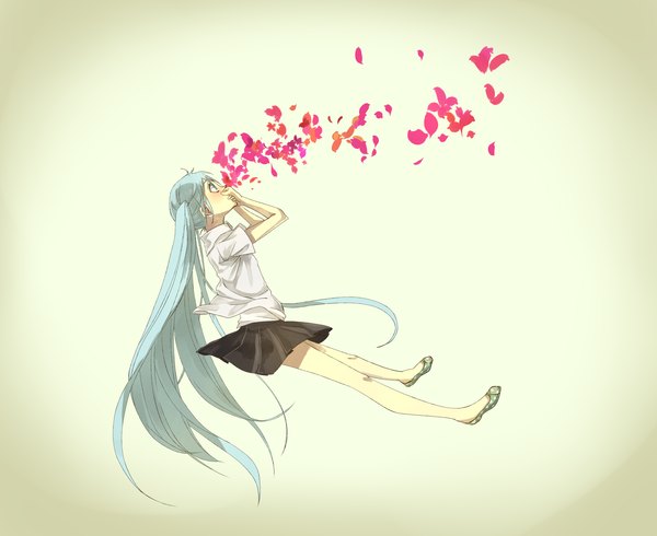 Anime picture 2200x1800 with vocaloid hatsune miku tomaeda (bravered) single long hair highres simple background very long hair aqua eyes aqua hair hands on face nosebleed pun girl skirt petals blood