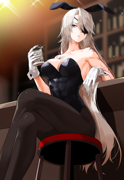 Anime picture 1200x1742 with original lydia macarthur waka (shark waka) single long hair tall image looking at viewer fringe breasts light erotic blonde hair large breasts sitting holding animal ears cleavage indoors parted lips sparkle grey eyes