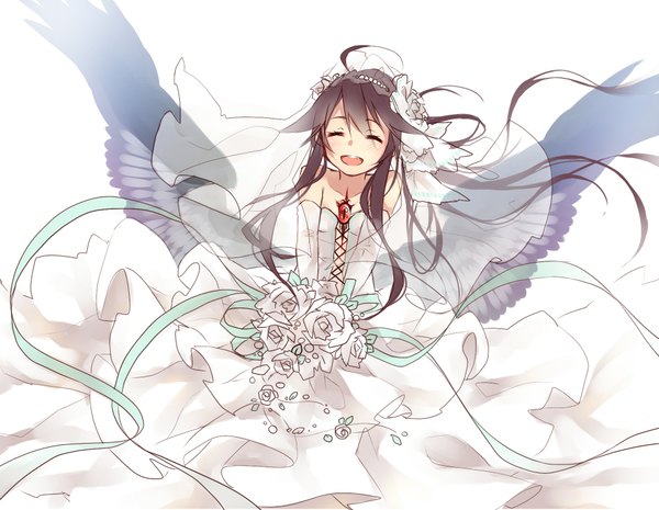 Anime picture 1845x1432 with touhou reiuji utsuho toutenkou single long hair blush highres open mouth simple background brown hair white background bare shoulders ahoge eyes closed wind alternate costume happy ^ ^ black wings wedding
