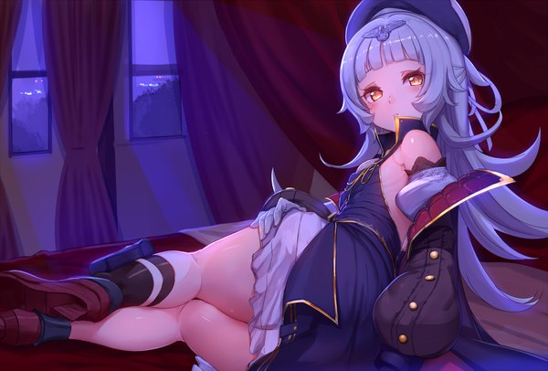 Anime picture 2000x1354 with azur lane z46 (azur lane) akasaai single long hair looking at viewer blush fringe highres breasts light erotic bare shoulders silver hair ass indoors lying blunt bangs looking back night mole