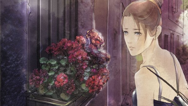 Anime picture 1360x768 with original huachui (artist) single short hair open mouth blue eyes brown hair wide image bare shoulders looking away looking back back girl flower (flowers) building (buildings)